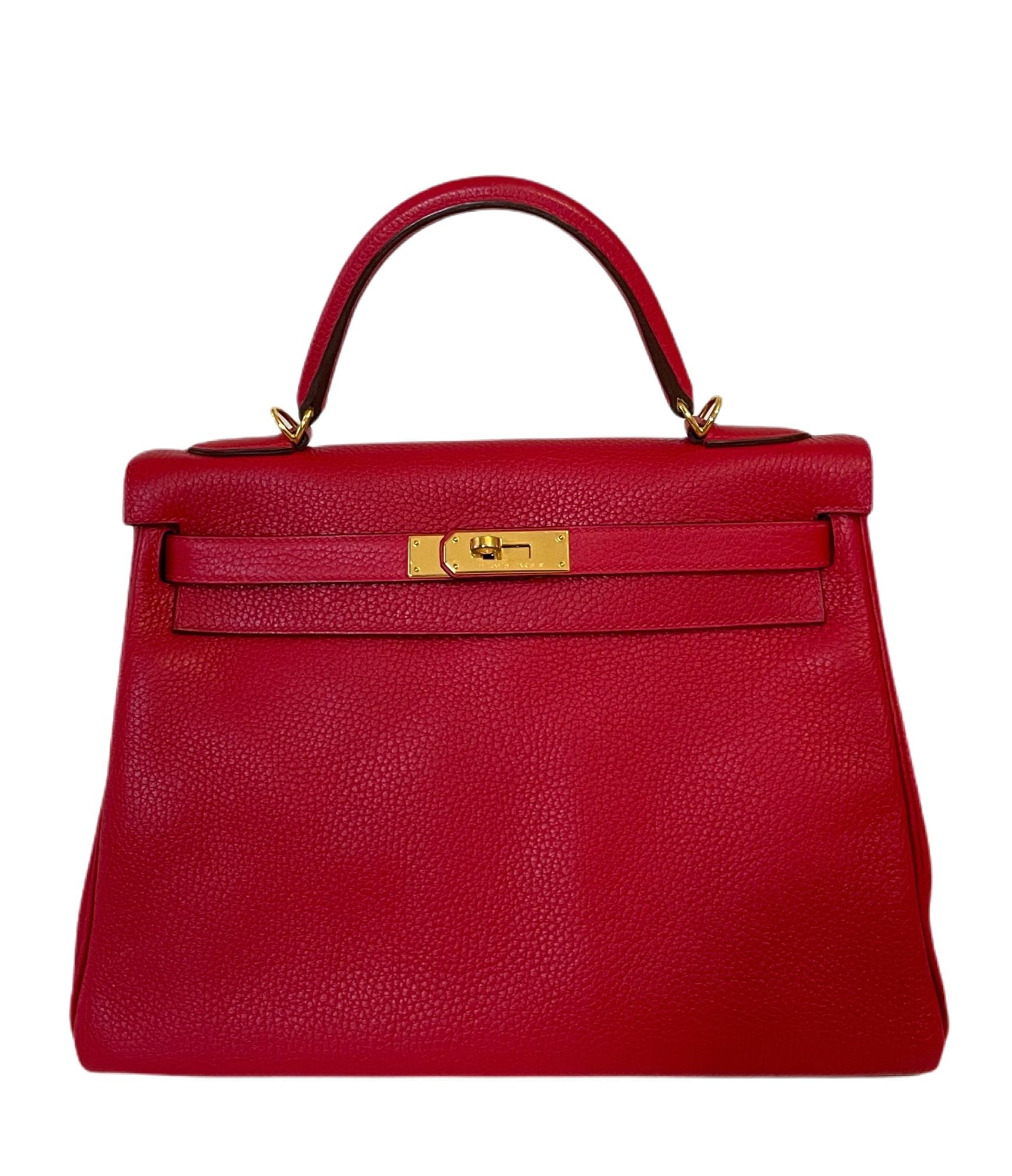 Stunning Pristine Hermes Kelly 32 Rouge Casaque Red Gold Hardware. Pristine Condition with Plastic on Hardware, perfect corners and structure. 2018 C Stamp. 

Shop with Confidence from Lux Addicts. Authenticity Guaranteed!