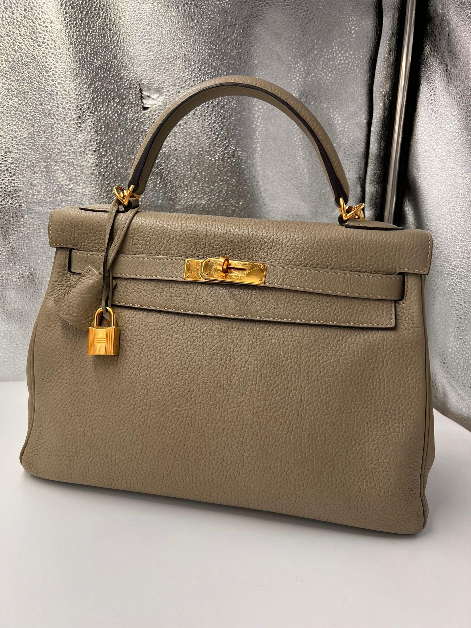 Hermès: a Sauge Clemence Leather Retourne Kelly 32
2016
Gold hardware

32cm wide, 24cm high, 10cm handle drop, 43cm shoulder drop, includes padlock, keys, cloche and shoulder strap. Signs of leather aging and wear, please refer to the detailed