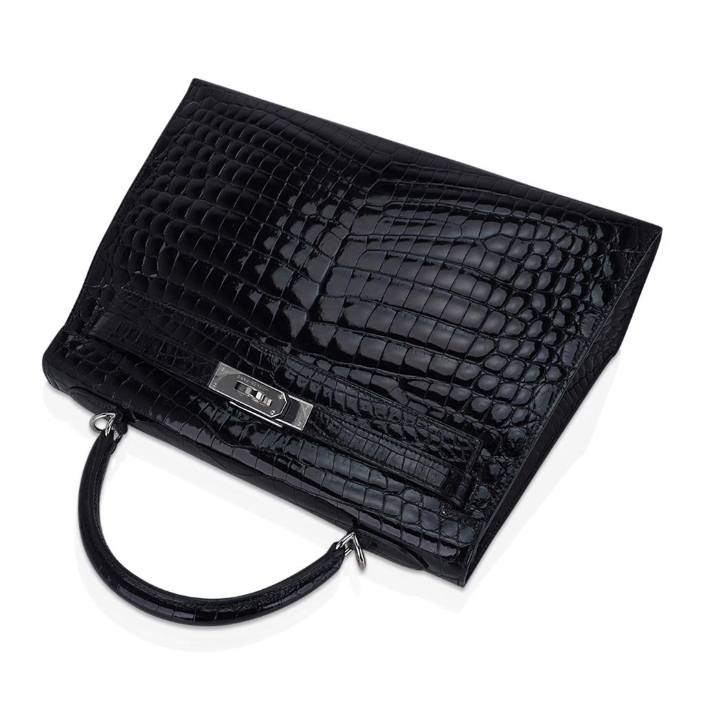 Hermes Kelly 32 Sellier Bag Black Crocodile Palladium Hardware For Sale 6