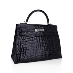 Hermes Kelly 32 Sellier Bag Black Crocodile Palladium Hardware