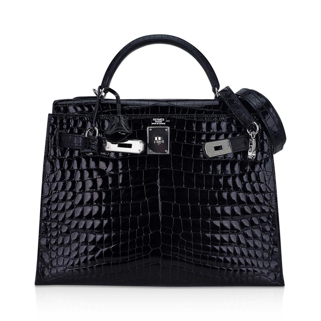 Hermes Kelly 32 Sellier Bag Black Crocodile Palladium Hardware In Excellent Condition For Sale In Miami, FL