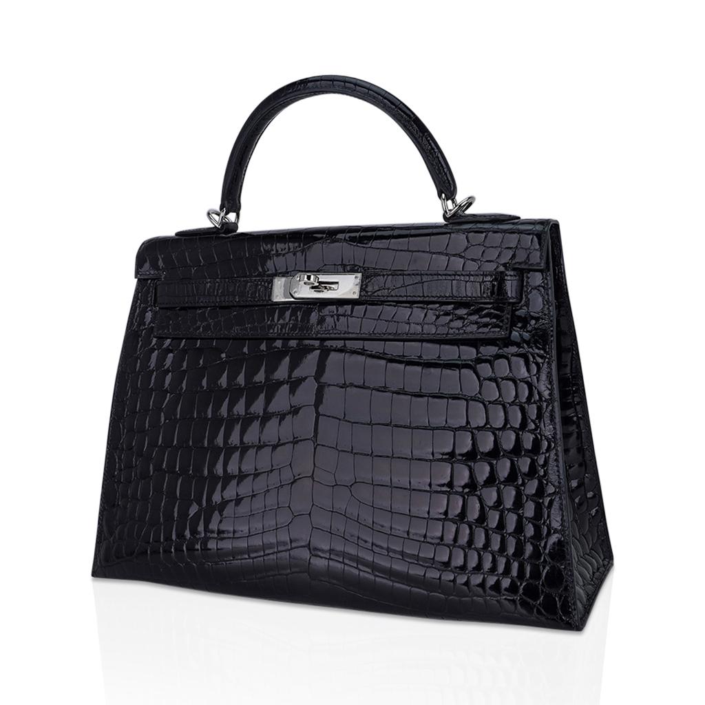 Women's Hermes Kelly 32 Sellier Bag Black Crocodile Palladium Hardware For Sale