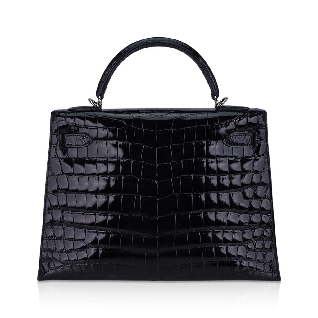 Hermes Kelly 32 Sellier Bag Black Crocodile Palladium Hardware For Sale 2