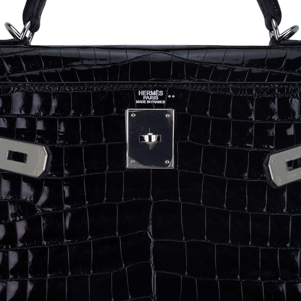 Hermes Kelly 32 Sellier Bag Black Crocodile Palladium Hardware For Sale 4