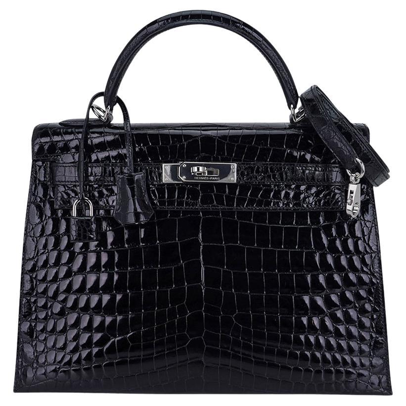 Hermes Kelly 32 Sac Sellier Crocodile Noir Quincaillerie Palladium