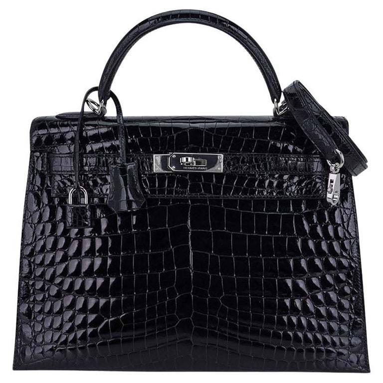 Hermes Kelly 32 Sellier Bag Black Crocodile Palladium Hardware For Sale at  1stDibs