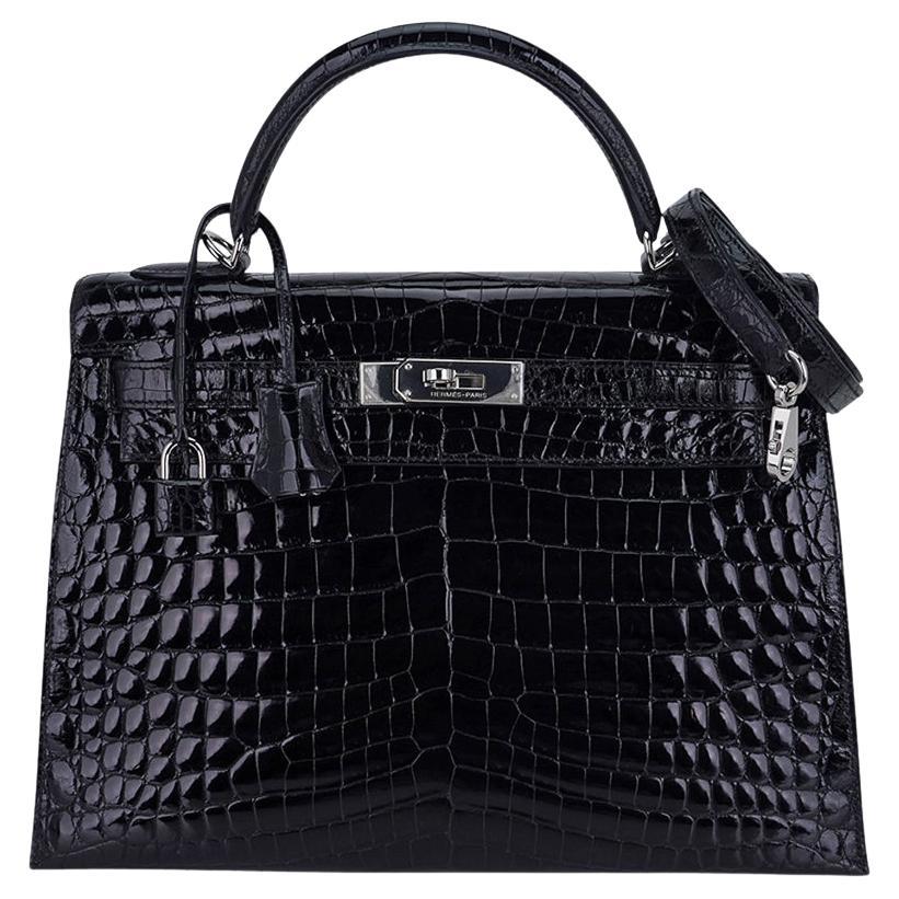 Hermes Kelly 32 Sellier Bag Black Crocodile Palladium Hardware For Sale