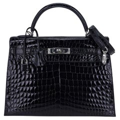Hermes Kelly 32 Sellier Borsa in coccodrillo nero Hardware Palladium