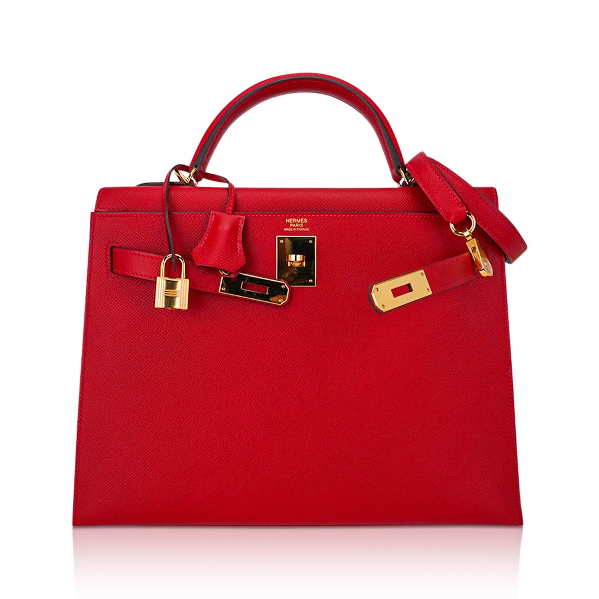Hermes Kelly 32 Sellier Bag Rouge Casaque Epsom Leather Gold Hardware In Good Condition For Sale In Miami, FL