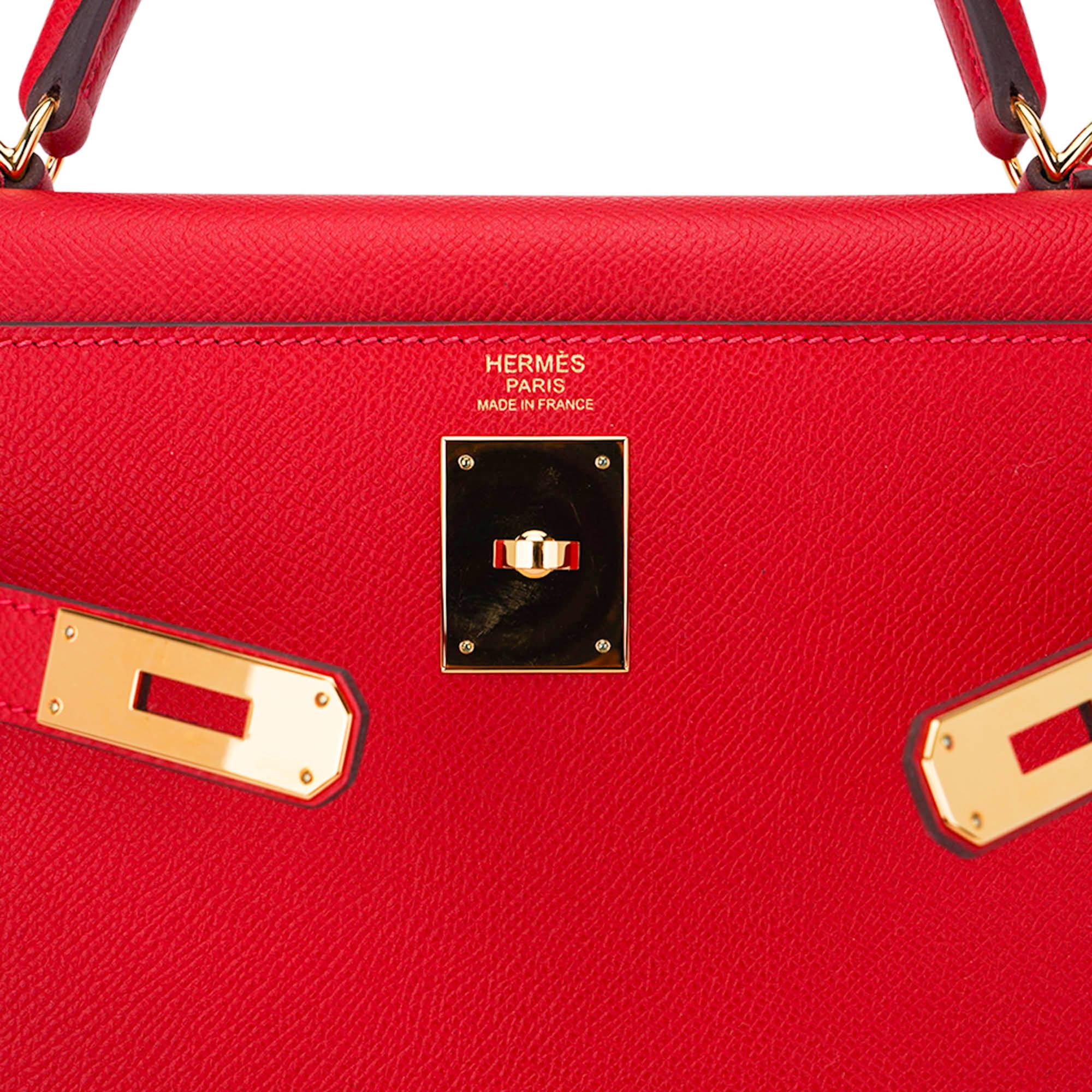 Hermes Kelly 32 Sellier Bag Rouge Casaque Epsom Leather Gold Hardware en vente 4