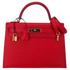 Hermes Kelly 32 Sellier Bag Rouge Casaque Epsom Leather Gold Hardware