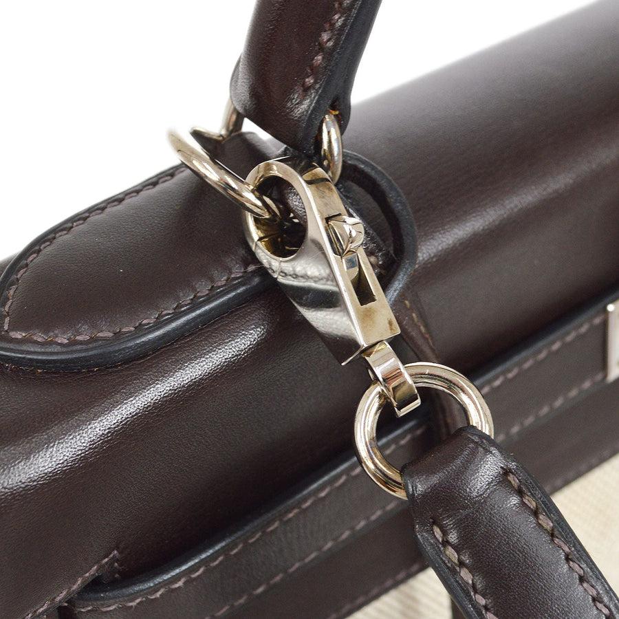 HERMES Kelly 32 Sellier Beige Toile Brown Box Leather Top Handle Shoulder Bag In Good Condition For Sale In Chicago, IL