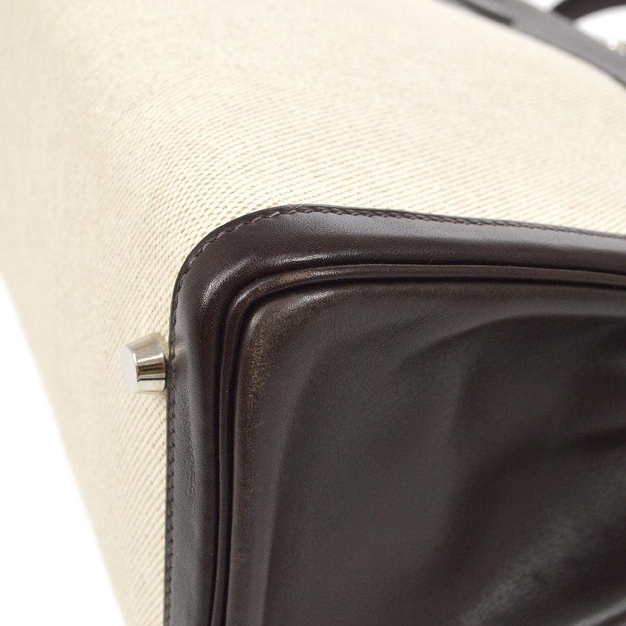 Women's HERMES Kelly 32 Sellier Beige Toile Brown Box Leather Top Handle Shoulder Bag For Sale