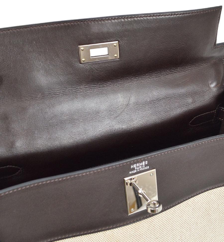 HERMES Kelly 32 Sellier Beige Toile Brown Box Leather Top Handle Shoulder Bag For Sale 1