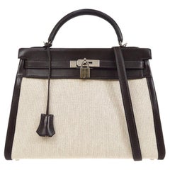 HERMES Kelly 32 Sellier Beige Toile Brown Box Leather Top Handle Shoulder Bag