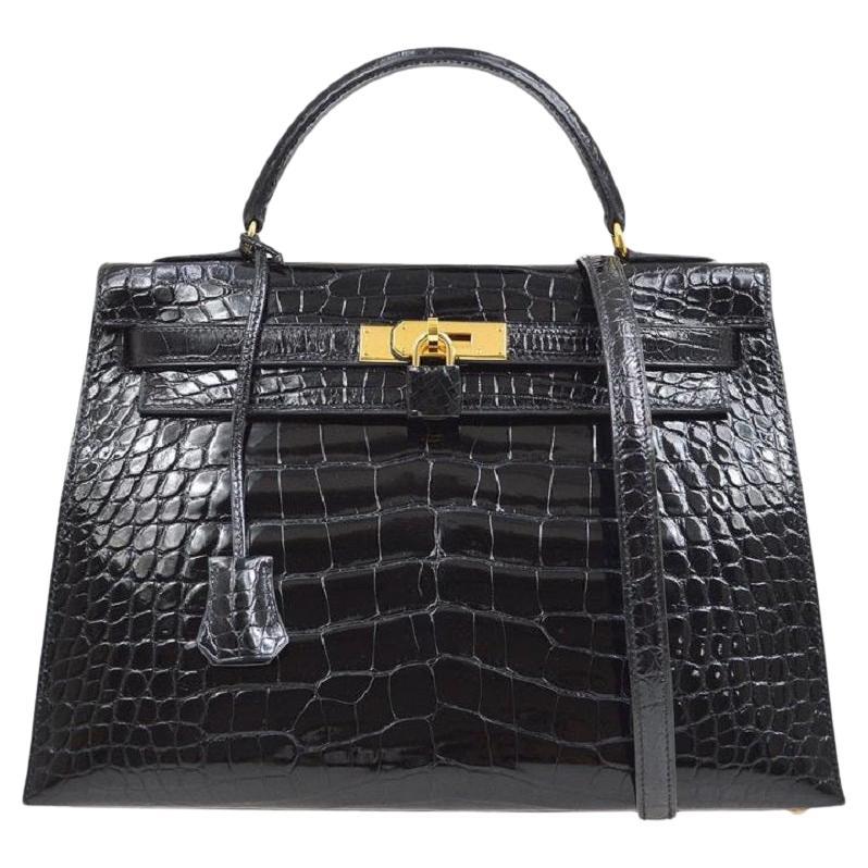 HERMES Kelly 32 Sellier Black Alligator Exotic Gold Top Handle ShoulderTote Bag