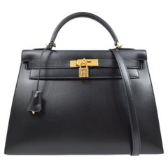 HERMES Kelly 32 Sellier Black Box Calfskin Leather Gold Hardware Top Handle Bags