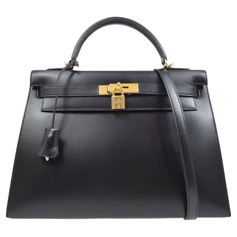 HERMES KELLY 32 Black Box Leather Bag Vintage in perfect condition +lock/ keys
