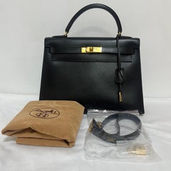 Hermès Kelly 32 Sellier Black Box Leather Gold Hardware with Strap