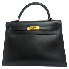 Hermès Kelly 32 Sellier Black Box Leather Gold Hardware with Strap