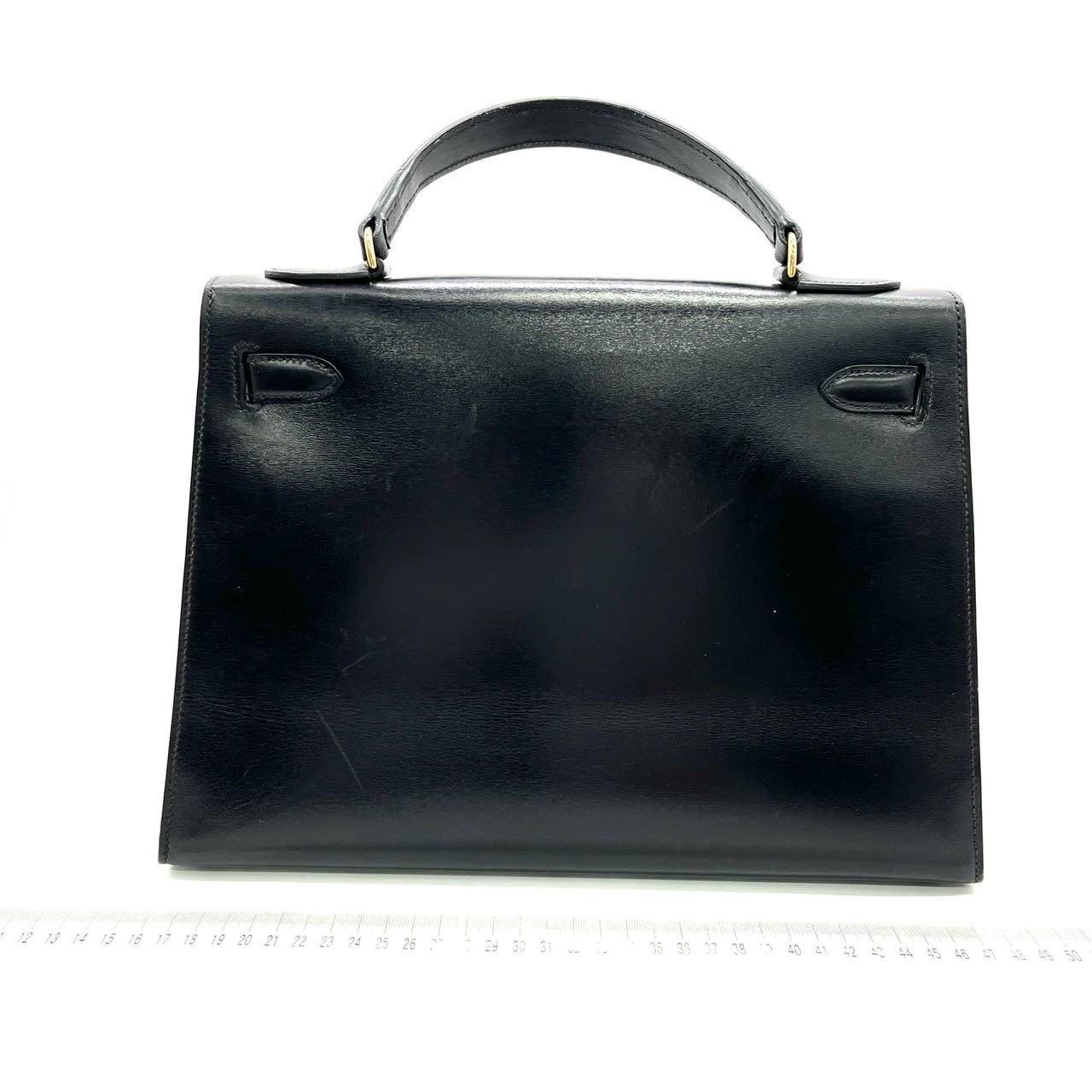Hermes Kelly 32 Sellier Black Box Leather Gold HW 1987 In Fair Condition In AUBERVILLIERS, FR