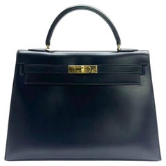 Hermes Kelly 32 Sellier Black Box Leather Gold HW 1989