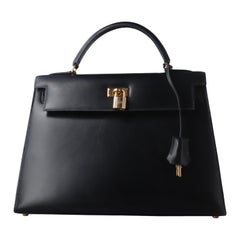 Hermes Kelly 32 Sellier Black Box Leather Gold HW 1993