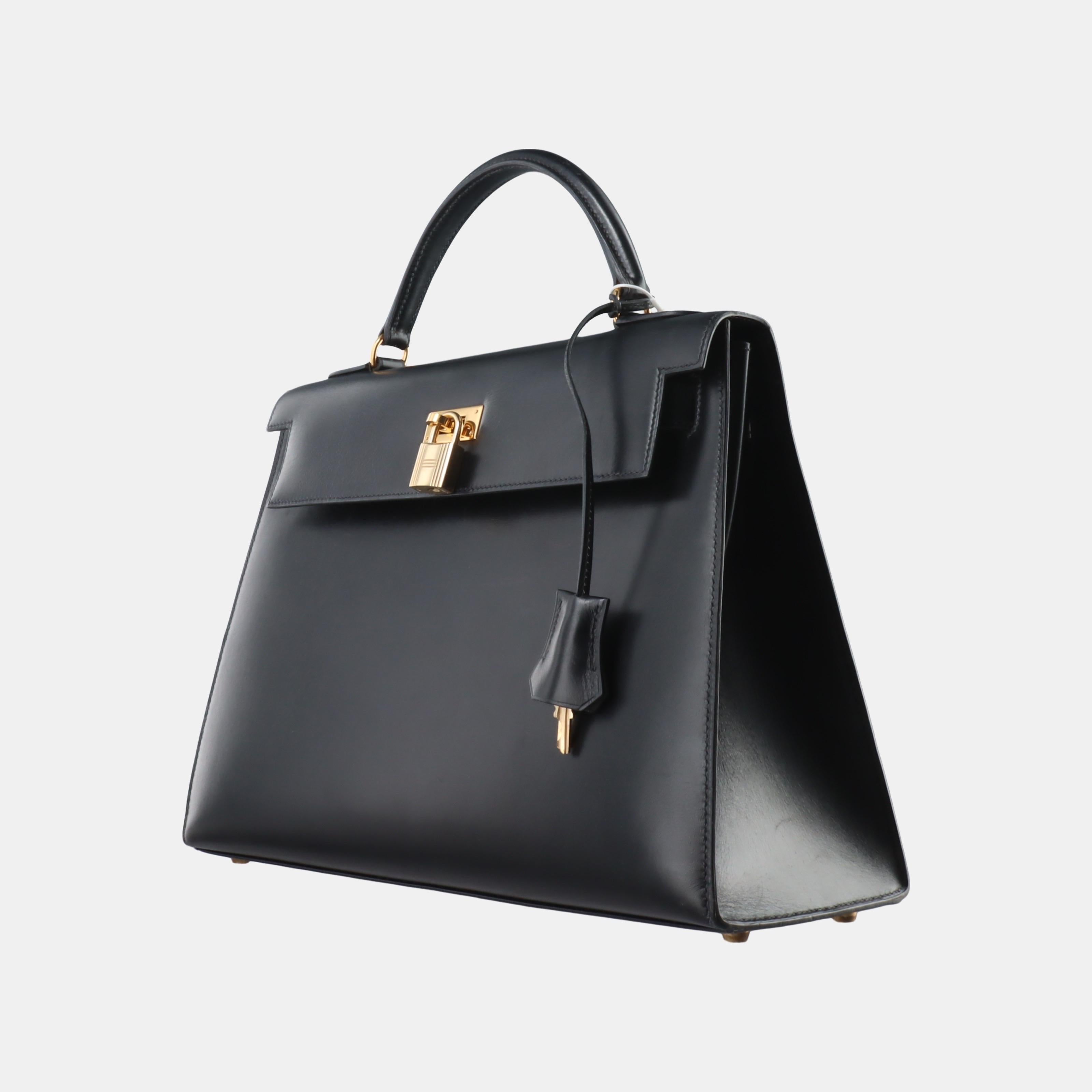 Hermes Kelly 32 Sellier Black Box Leather Gold HW 1993 In Good Condition For Sale In AUBERVILLIERS, FR