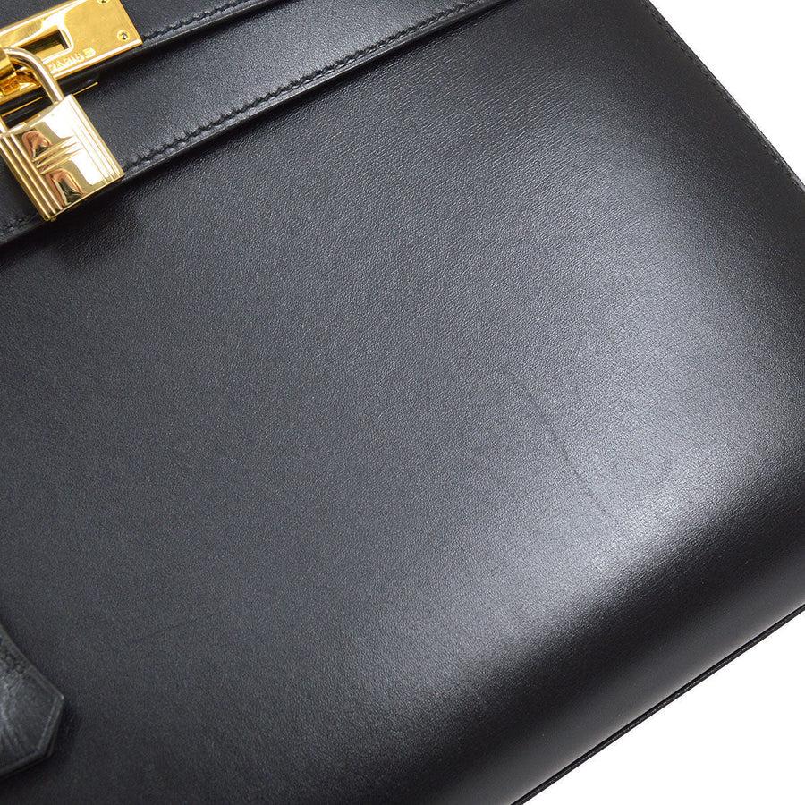 HERMES Kelly 32 Sellier Black Box Leather Gold Tote Top Handle Shoulder Bag In Good Condition In Chicago, IL