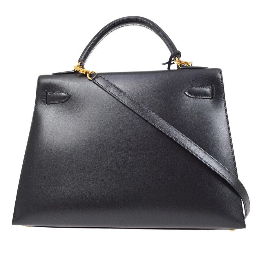 Women's HERMES Kelly 32 Sellier Black Box Leather Gold Tote Top Handle Shoulder Bag