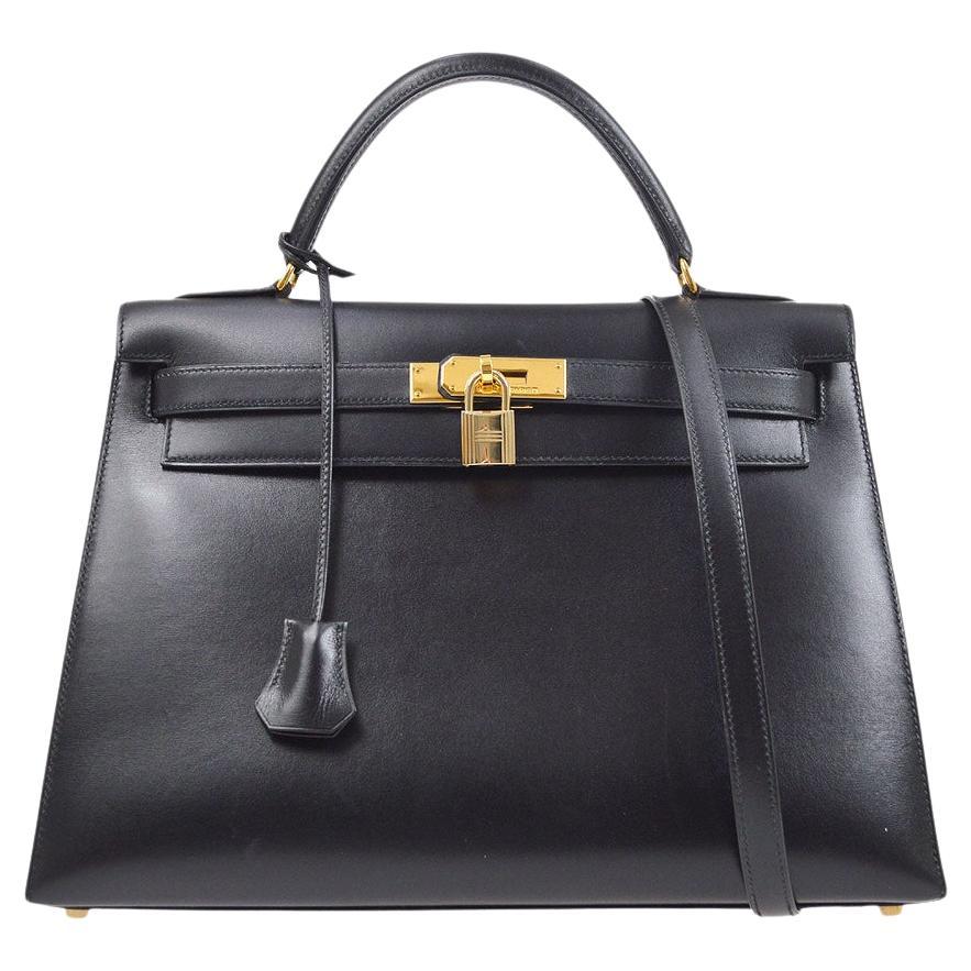 HERMES Kelly 32 Sellier Black Box Leather Gold Tote Top Handle Shoulder Bag