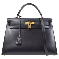 Vintage HERMES Kelly 32 Sellier Black Box Leather Gold Tote Top Handle Shoulder Bag
