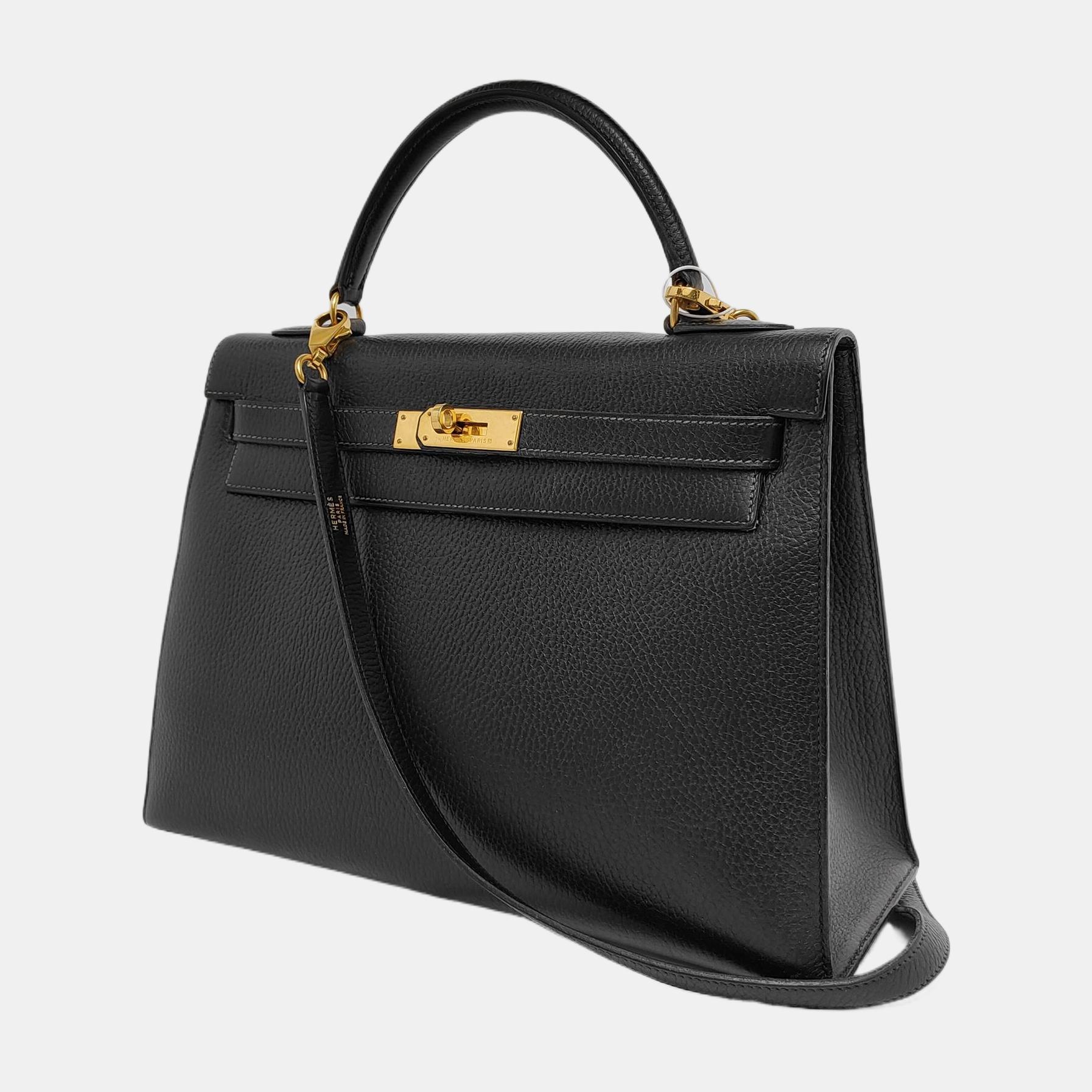 Hermes Kelly 32 Sellier Black Clemence Leather Gold Hardware 1995 In Good Condition For Sale In AUBERVILLIERS, FR