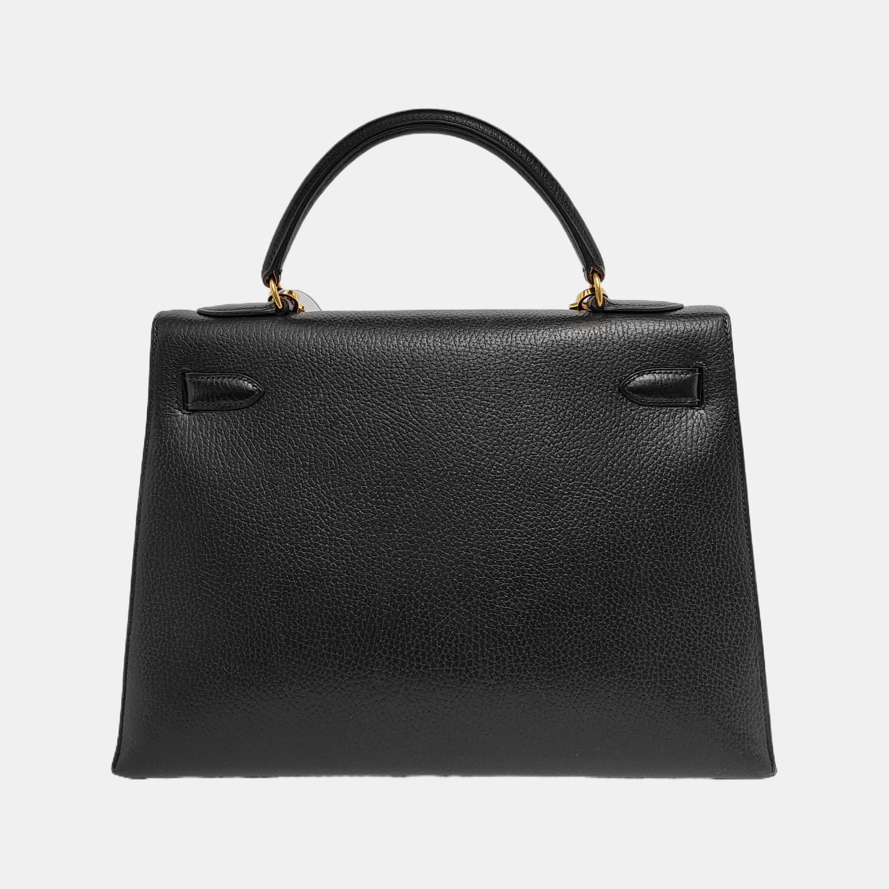 Women's Hermes Kelly 32 Sellier Black Clemence Leather Gold Hardware 1995 For Sale