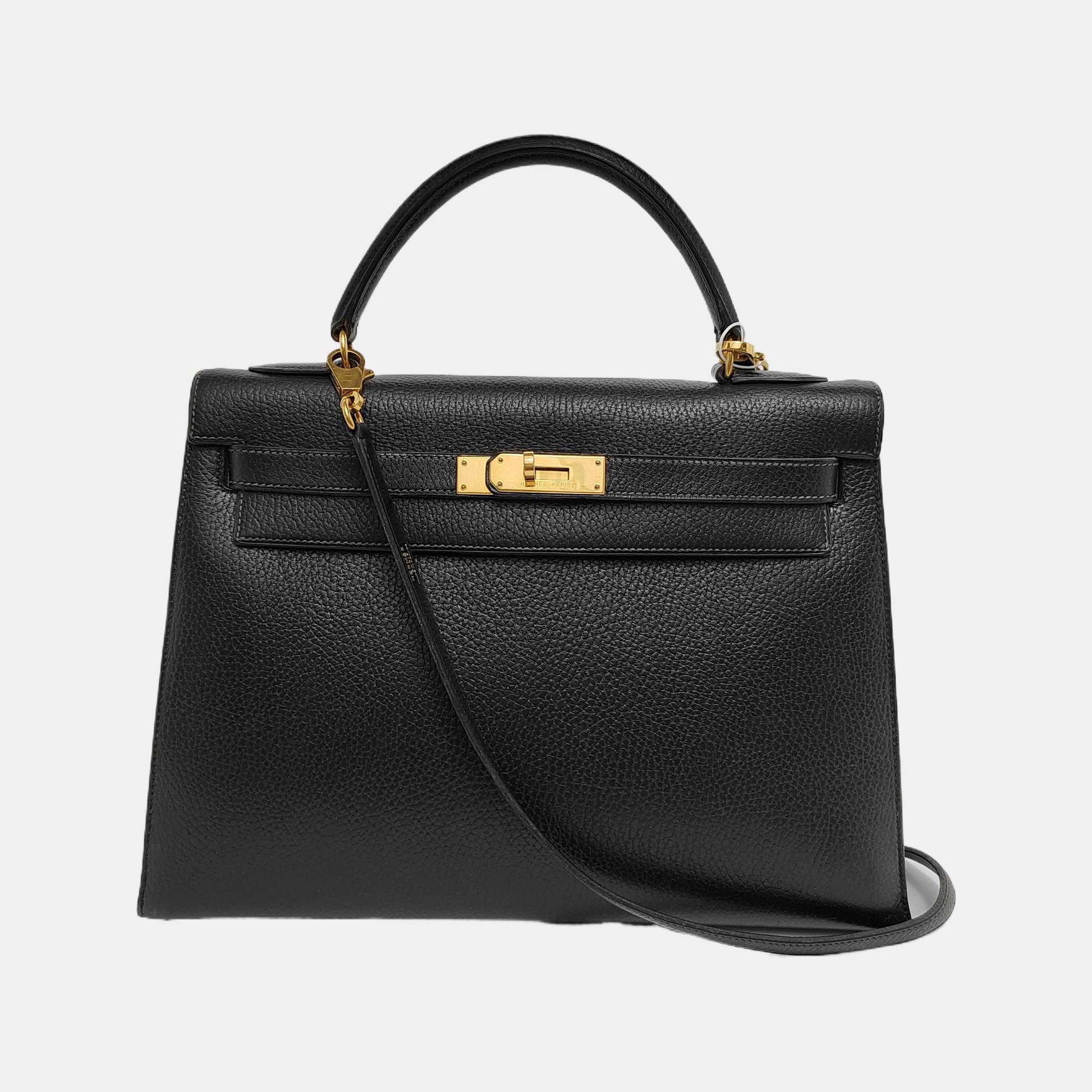 Hermes Kelly 32 Sellier Black Clemence Leather Gold Hardware 1995 For Sale 3