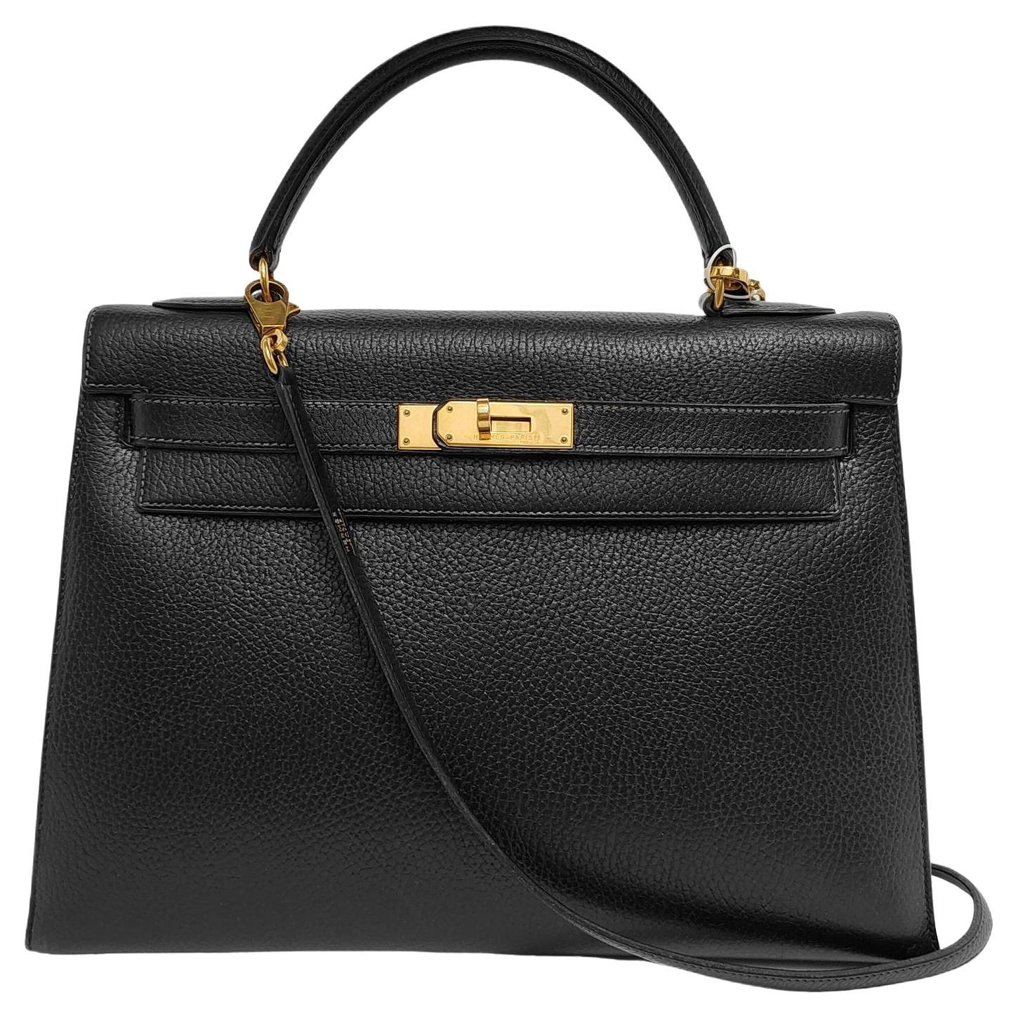 Hermes Kelly 32 Sellier Black Clemence Leather Gold Hardware 1995 For Sale