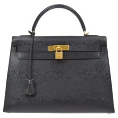 HERMES Kelly 32 Sellier Black Leather Gold Small Top Handle Shoulder Bag