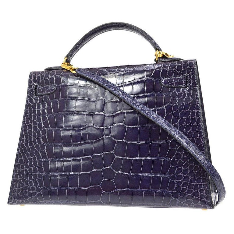 Black HERMES Kelly 32 Sellier Blue Alligator Crocodile Exotic Top Handle Shoulder Bag  For Sale