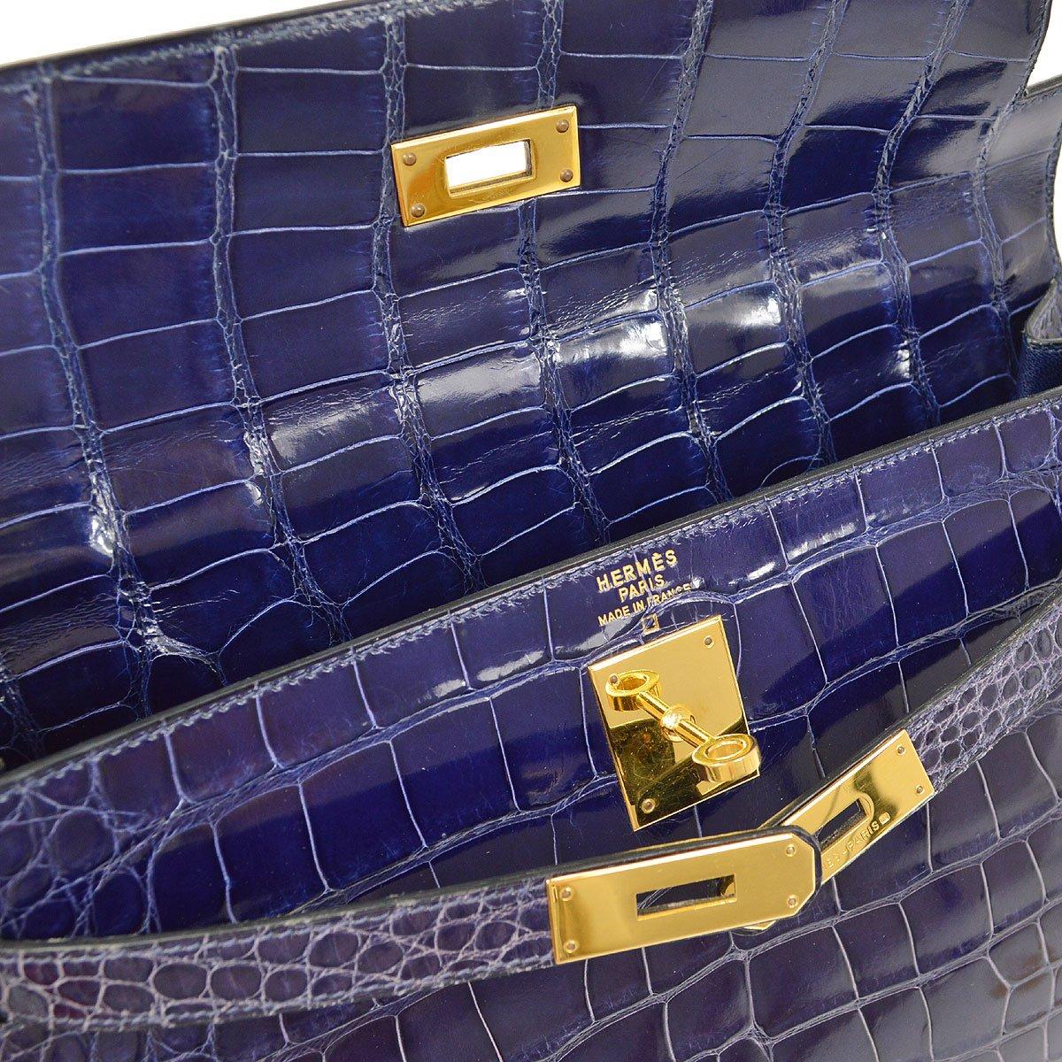 Black HERMES Kelly 32 Sellier Blue Alligator Crocodile Exotic Top Handle Shoulder Bag 