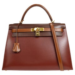 HERMES Kelly 32 Sellier Box Calfskin Leather Gold Top Handle Shoulder Bag