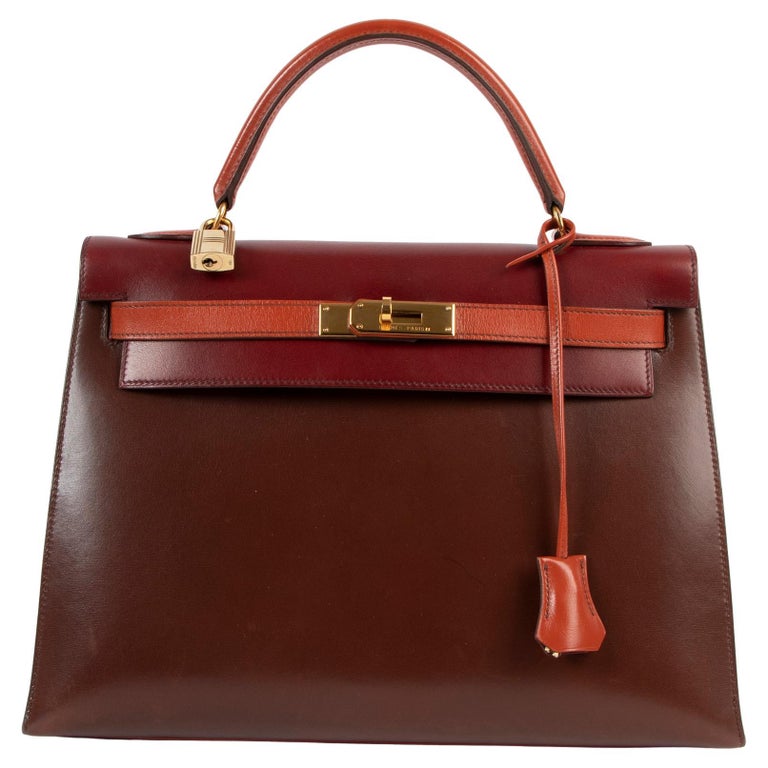 Vintage Hermes Kelly Bag 32 Box Leather Tricolor Navy Green Wine Handbag  Straps