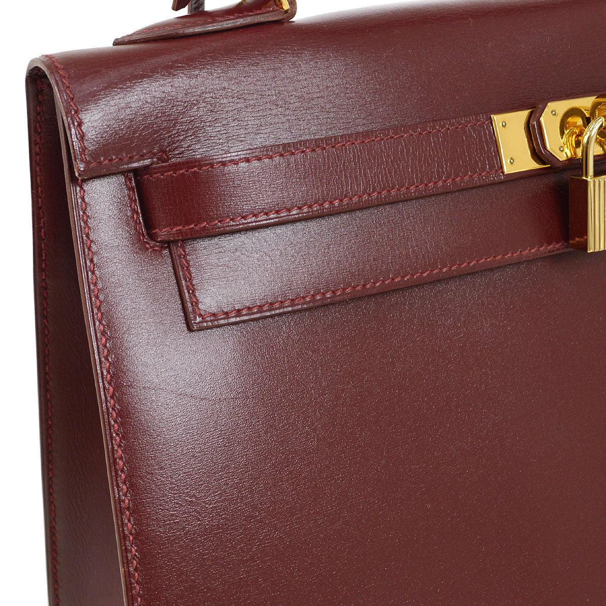 Brown HERMES Kelly 32 Sellier Burgundy Box Calfskin Leather Gold Hardware Tote Bag