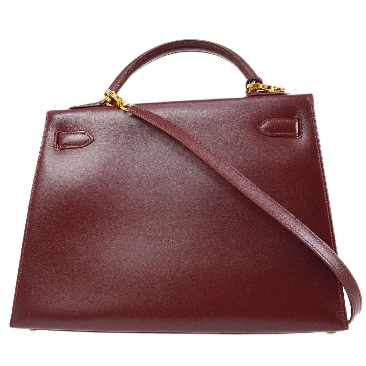 HERMES Kelly 32 Sellier Burgundy Box Calfskin Leather Gold Hardware Tote Bag In Good Condition In Chicago, IL