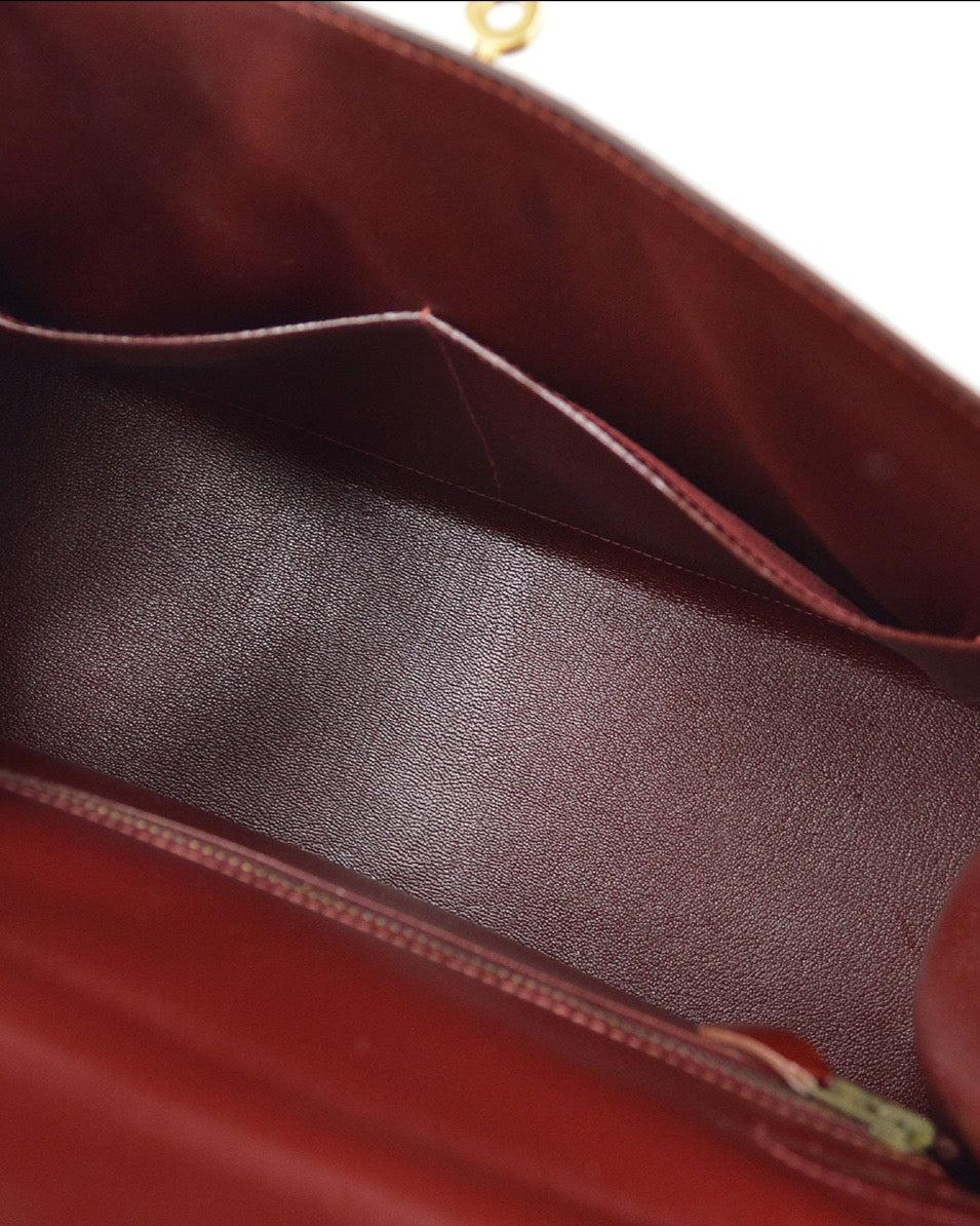 HERMES Kelly 32 Sellier Burgundy Box Calfskin Leather Gold Hardware Tote Bag 2