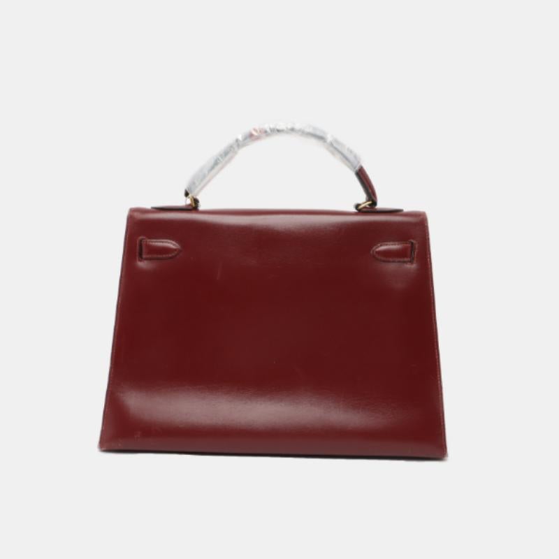 Brown Hermes Kelly 32 Sellier Burgundy Box Leather Gold HW 1987
