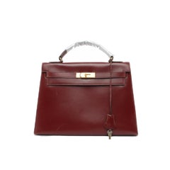 Hermes Kelly 32 Sellier Bourgogne Boîte Cuir Or HW 1987