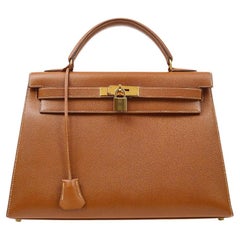 HERMES Kelly 32 Sellier Cognac Tan Leather Gold Top Handle Shoulder Tote Bag