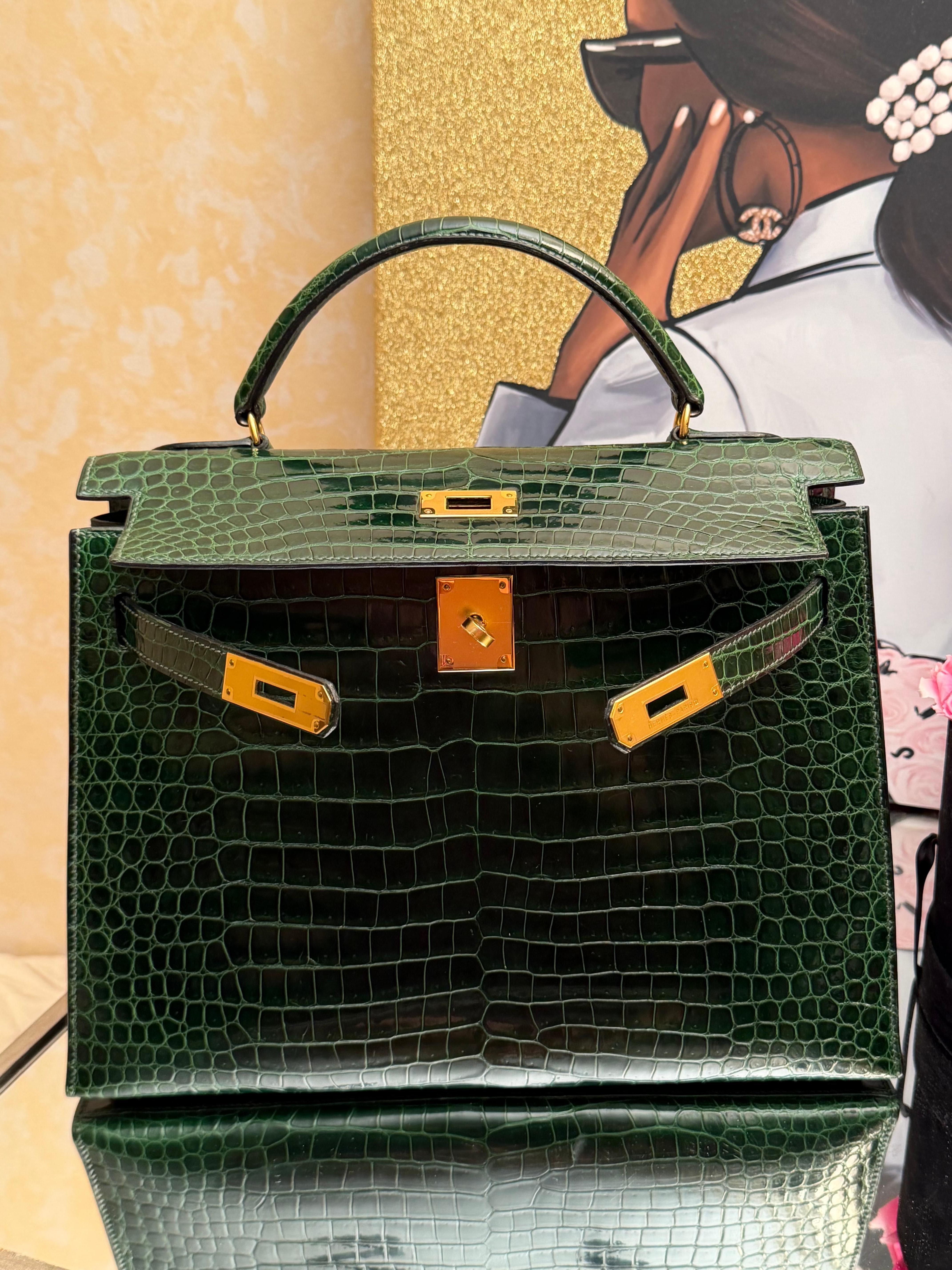 Hermes Kelly 32 Sellier Sac en crocodile porosus émeraude en vente 14