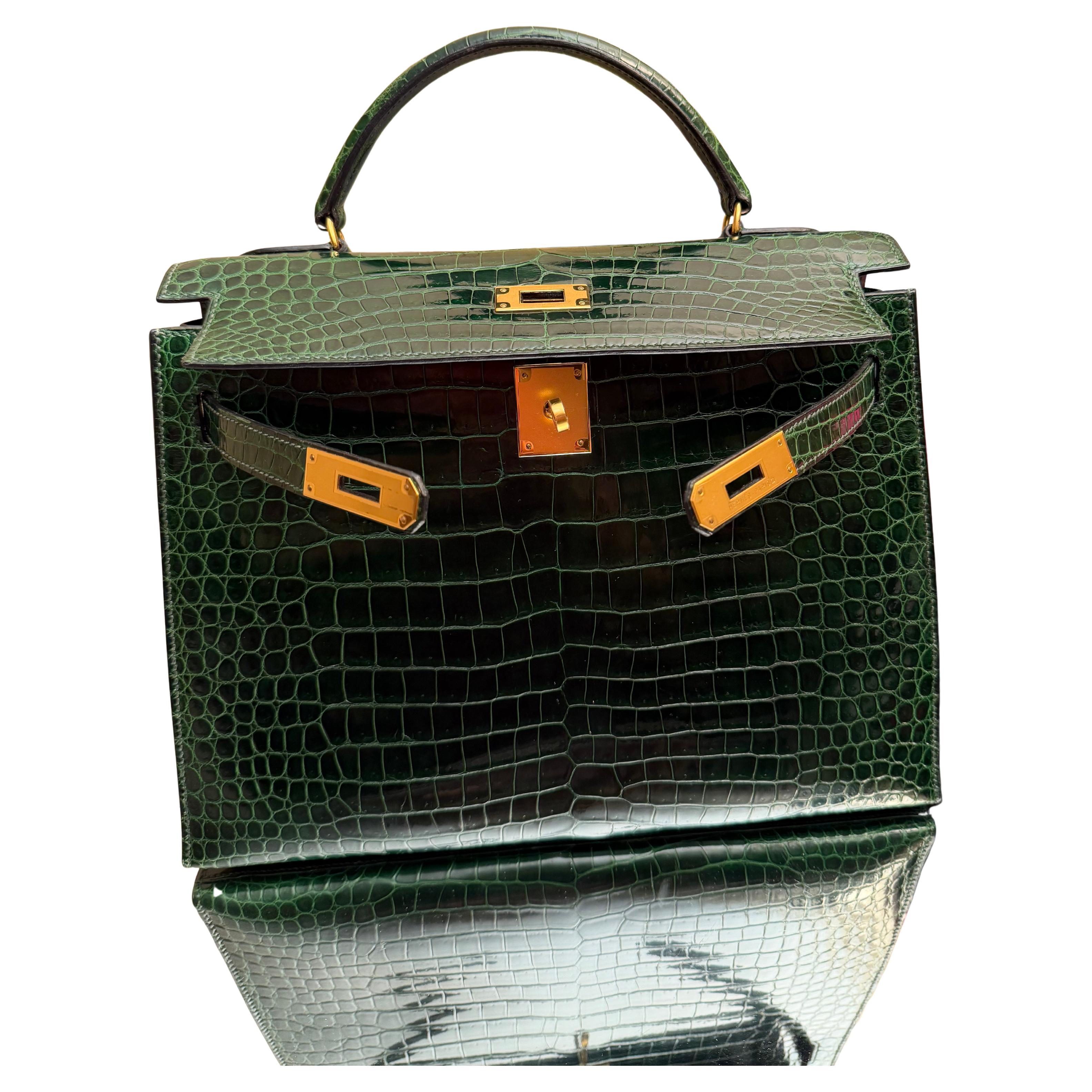 Hermes Kelly 32 Sellier Sac en crocodile porosus émeraude