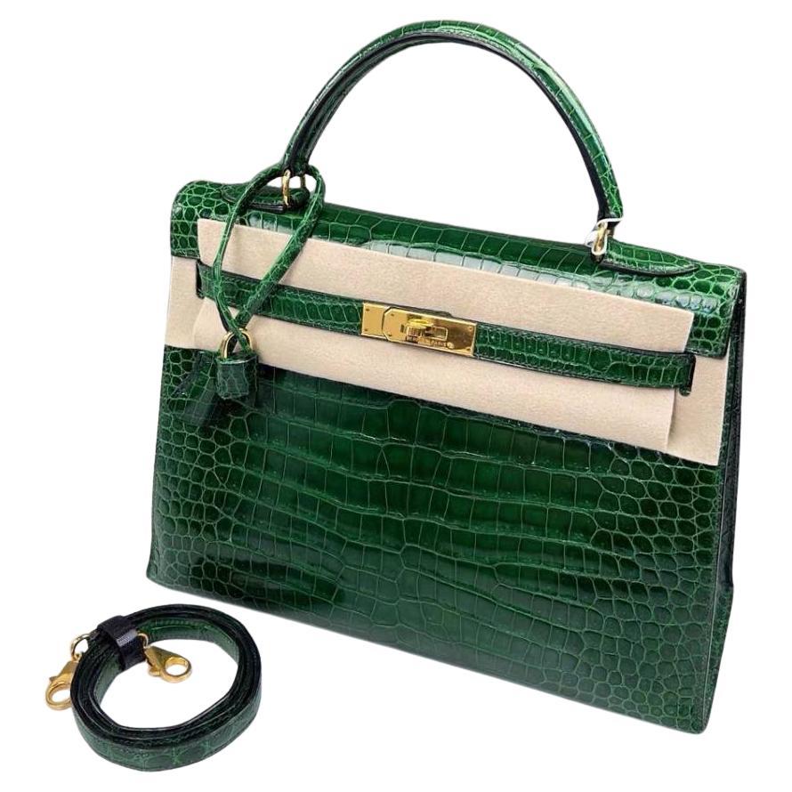 Hermes Kelly 32 Sellier Sac en crocodile porosus émeraude